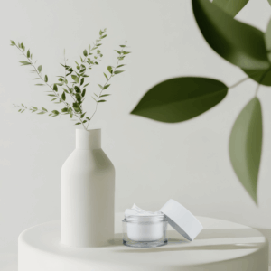 „Minimalistisches Stillleben: weiße Creme-Dose mit offenem Deckel auf heller Fläche neben einer schlichten weißen Vase mit grünen Zweigen – Symbol für natürliche Feuchtigkeitspflege.“