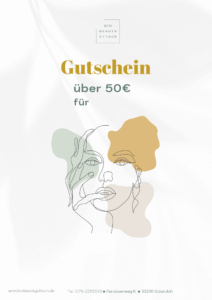 Bio Beauty Attack Gutschein im Wert von 50 Euro. Modernes Design mit abstrakter Linienzeichnung eines Gesichts und farbigen Flächen in Grün, Beige und Gold. Text: Gutschein über 50 €.