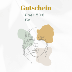Bio Beauty Attack Gutschein im Wert von 50 Euro. Modernes Design mit abstrakter Linienzeichnung eines Gesichts und farbigen Flächen in Grün, Beige und Gold. Text: Gutschein über 50 €.
