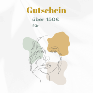Bio Beauty Attack Gutschein im Wert von 50 Euro. Modernes Design mit abstrakter Linienzeichnung eines Gesichts und farbigen Flächen in Grün, Beige und Gold. Text: Gutschein über 150
