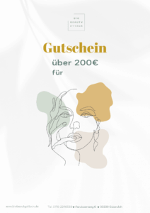 Bio Beauty Attack Gutschein im Wert von 50 Euro. Modernes Design mit abstrakter Linienzeichnung eines Gesichts und farbigen Flächen in Grün, Beige und Gold. Text: Gutschein über 200 €.