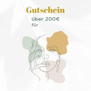 Bio Beauty Attack Gutschein im Wert von 50 Euro. Modernes Design mit abstrakter Linienzeichnung eines Gesichts und farbigen Flächen in Grün, Beige und Gold. Text: Gutschein über 200 €.