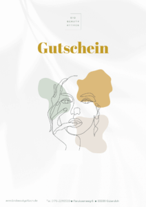 Bio Beauty Attack Gutschein. Modernes Design mit abstrakter Linienzeichnung eines Gesichts und farbigen Flächen in Grün, Beige und Gold. Text: Gutschein.