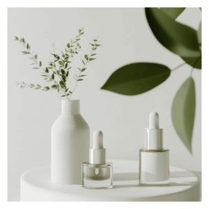 Zwei Glasflaschen mit Pipette auf einem weißen runden Tisch, daneben eine minimalistische weiße Vase mit grünen Zweigen, im Hintergrund unscharfe Blätter.