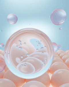 Transparente Molekülblase über Hautzellen – Sinnbild für Feuchtigkeitsbindung, Zellregeneration und Thalgo Anti-Aging-Wirkstoffe.