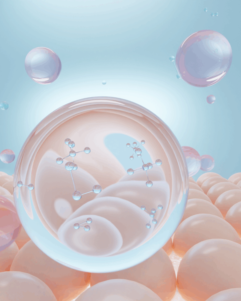 Transparente Molekülblase über Hautzellen – Sinnbild für Feuchtigkeitsbindung, Zellregeneration und Thalgo Anti-Aging-Wirkstoffe.