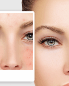 Nahaufnahme eines Gesichts im Vorher-Nachher-Vergleich: links unreine, gerötete Haut, rechts glatte, klare Haut. Symbol für natürliche Hautverbesserung durch Kobido-Massage und Thalgo-Behandlungen bei Bio Beauty Attack in Gütersloh.