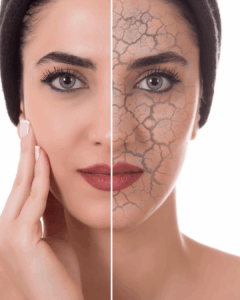 Nahaufnahme eines Frauen-Gesichts im Vorher-Nachher-Vergleich: links glatte, gepflegte Haut, rechts trockene und rissige Hautstruktur. Symbol für Feuchtigkeitsverlust und Hautalterung sowie die Wirkung regenerierender Pflege bei Bio Beauty Attack in Gütersloh.