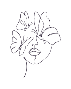 Minimalistische Strichzeichnung eines Frauen-Gesichts mit Schmetterlingen. Symbol für Transformation, Selbstentfaltung und natürliche Schönheit – inspiriert von den Pflege- und Entspannungsritualen bei Bio Beauty Attack in Gütersloh.
