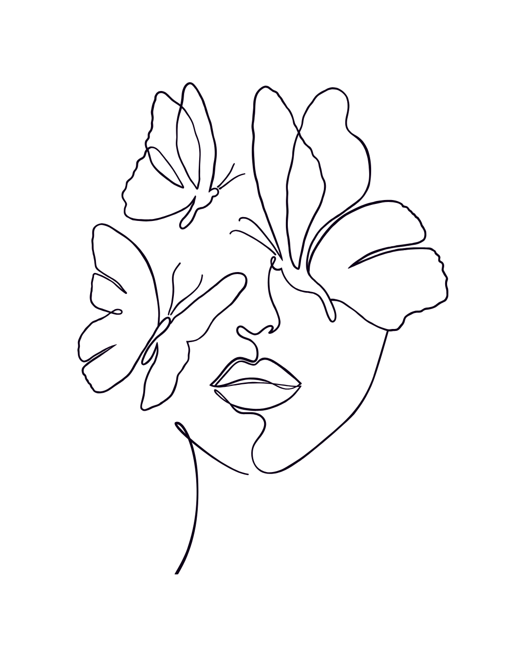 Minimalistische Strichzeichnung eines Frauen-Gesichts mit Schmetterlingen. Symbol für Transformation, Selbstentfaltung und natürliche Schönheit – inspiriert von den Pflege- und Entspannungsritualen bei Bio Beauty Attack in Gütersloh.