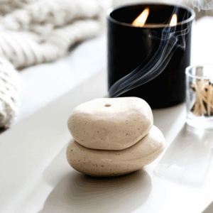 Zwei helle, glatte Steinobjekte liegen übereinander und dienen als schlichte Räucherschale. Aus der oberen Schale steigt zarter Rauch auf. Im Hintergrund brennt eine schwarze Duftkerze und sorgt für eine warme, entspannte Atmosphäre.