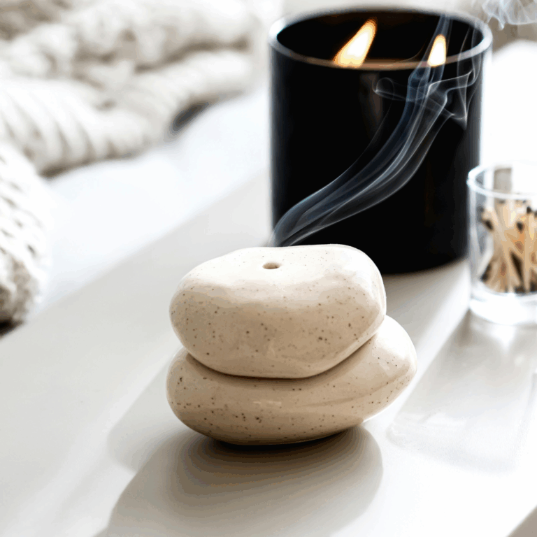 Zwei helle, glatte Steinobjekte liegen übereinander und dienen als schlichte Räucherschale. Aus der oberen Schale steigt zarter Rauch auf. Im Hintergrund brennt eine schwarze Duftkerze und sorgt für eine warme, entspannte Atmosphäre.
