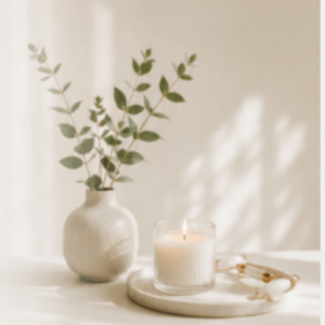 Kerze, Vase mit grünen Zweigen und Schmuck in ruhiger Atmosphäre als Symbol für Entspannung, Achtsamkeit und Selbstfürsorge.