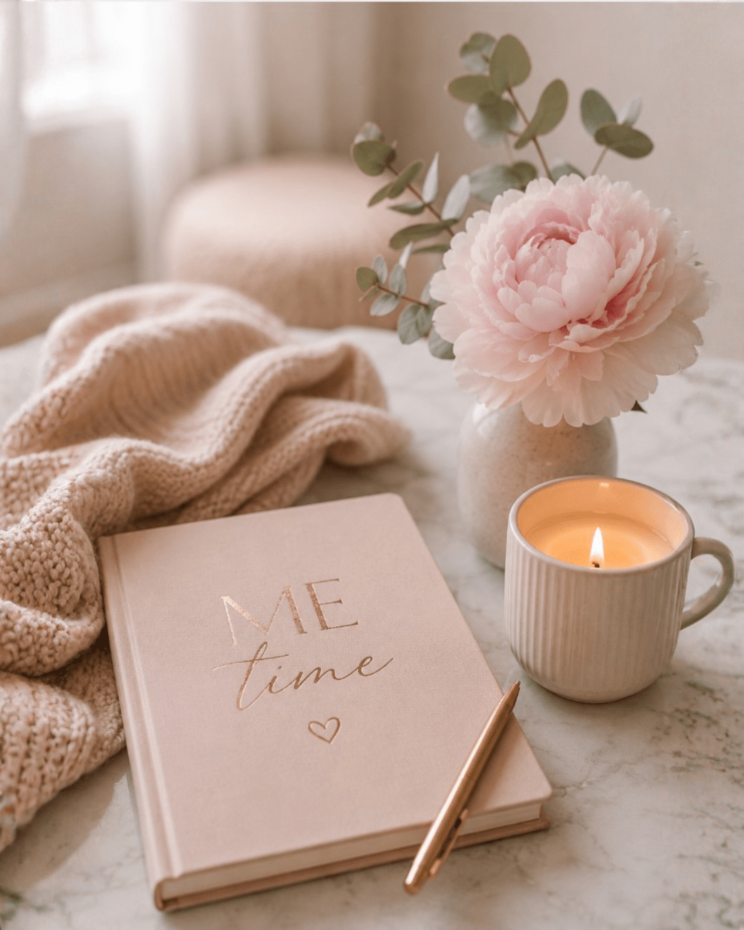Notizbuch mit der Aufschrift „Me Time“, daneben eine brennende Kerze, eine rosa Blume und eine kuschelige Decke in einer ruhigen, wohnlichen Umgebung.