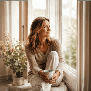 Entspannte Frau am Fenster als Symbol für Hormonbalance, Wohlbefinden und natürliches Well-Aging in den Wechseljahren.