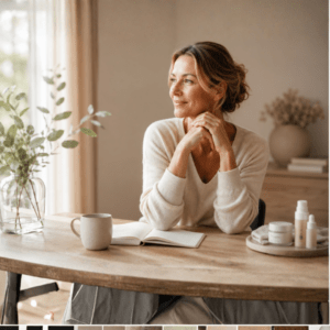 Entspannte Frau in heller, natürlicher Umgebung als Symbol für Hormonbalance, innere Balance und Well-Aging ab 40.