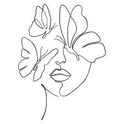 Minimalistische Strichzeichnung eines Frauen-Gesichts mit Schmetterlingen. Symbol für Transformation, Selbstentfaltung und natürliche Schönheit – inspiriert von den Pflege- und Entspannungsritualen bei Bio Beauty Attack in Gütersloh.