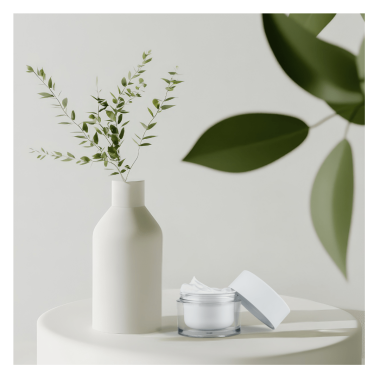 Offener Glastiegel mit weißer Creme auf einem weißen Tisch, daneben eine minimalistische weiße Vase mit grünen Zweigen, im Hintergrund unscharfe Blätter.