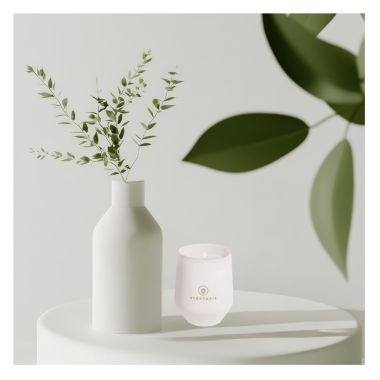 Eine elegante Duftkerze in einem weißen Glas mit goldener Aufschrift steht auf einem weißen Tisch. Daneben eine minimalistische Vase mit grünen Zweigen, im Hintergrund unscharfe Blätter.